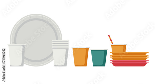 Eco-friendly disposable tableware: plates and cups in vibrant colors for modern dining