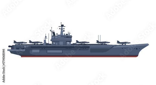Modern aircraft carrier with jets: flat style navy design for maritime projects