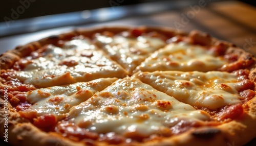 create a photo of a close up pizza with melted cheese on top, the pizza should be the central focus, and the cheese should dominate the frame