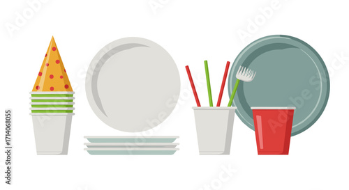Eco-friendly disposable tableware set with plates, cups, and utensils in flat design