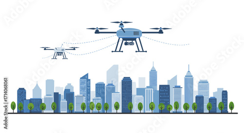Drones flying over modern city skyline with trees and skyscrapers