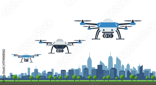 Futuristic delivery drones over urban skyline in minimalist design
