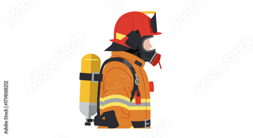 Firefighter in safety gear with oxygen tank on profile view