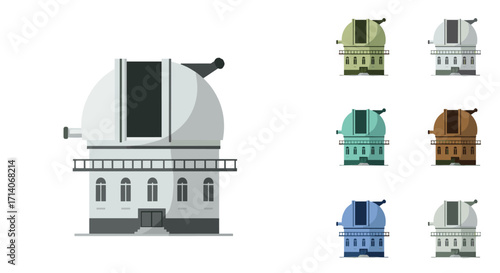 Observatory building set in flat style with telescopes in various colors