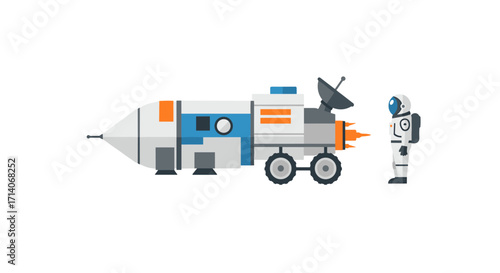 Futuristic space rover with astronaut and rocket booster in flat design