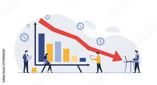 Economic downturn concept with business professionals analyzing declining graph