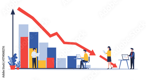 Business team analyzing data trends with increasing and decreasing graphs