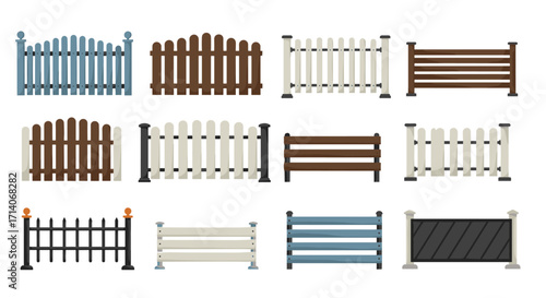 Collection of various fence designs in flat style for landscaping projects