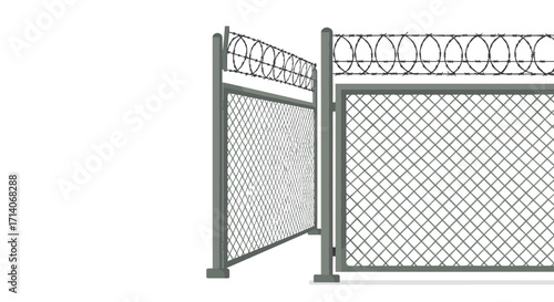 Secure metal wire fence with barbed wire on top and corner post