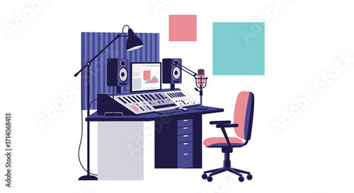 Modern recording studio setup with equipment and chair in flat design