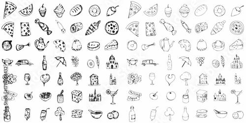 A large collection of hand drawn doodle icons representing food drinks and miscellaneous objects in a simple black and white sketch style