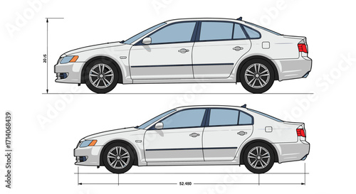 Detailed side view of modern sedan car design with technical dimensions