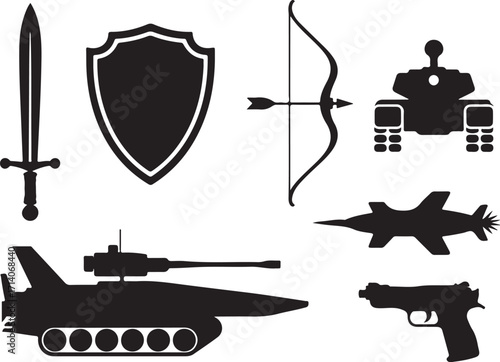 Military icons sword shield bow tank jet pistol