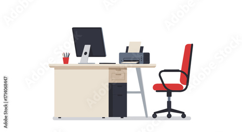 Modern office desk setup with computer and red chair on white background