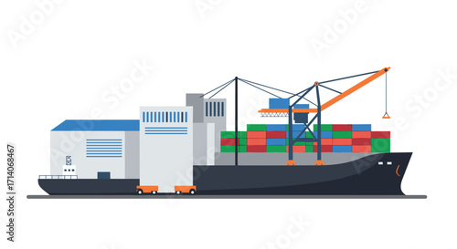 Flat cargo ship with containers and crane at industrial port