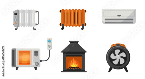 Home heating devices collection: radiators, fireplace, and ac unit icons