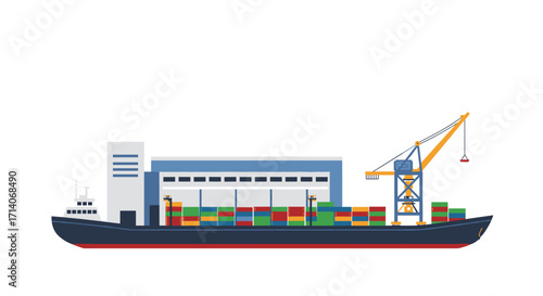 Cargo ship with containers and crane in port illustration
