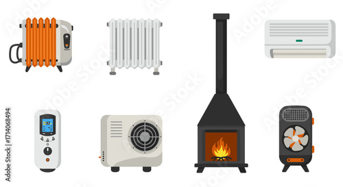 Modern home heating devices collection: radiators, stoves, and more