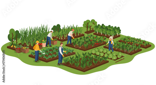 Community gardening: diverse group tending to vegetables in lush allotment scene