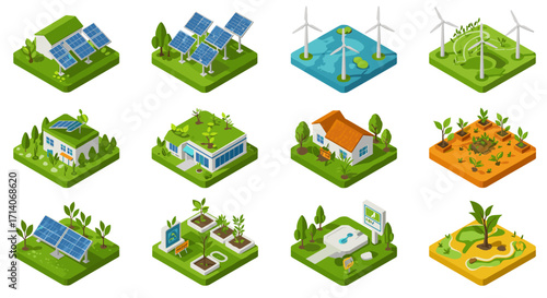Sustainable energy and green living: isometric eco-friendly concepts for modern homes and environments