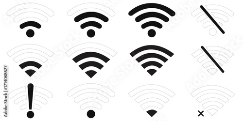 Wi-Fi signal. Wireless internet symbol. Set of sign for connect of network. wireless and wifi icon set. WiFi Signal Strength Icons Set. Wireless Network .