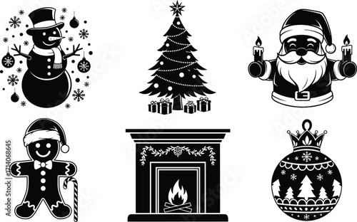 Christmas, holiday, winter, icon, snowman, tree, Santa, gingerbread man, fireplace, ornament, candy cane, vector, black, white, design, art, festive, seasonal, decoration, symbol