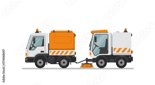 Street sweeper truck illustration in flat design with orange and white colors