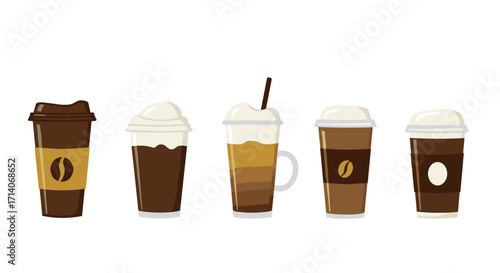 Collection of coffee cups with different lid designs and latte art on white background