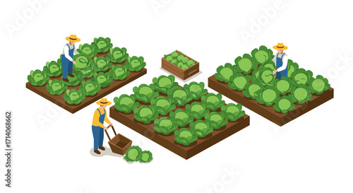 Isometric cabbage farming: farmers harvesting in lush green fields