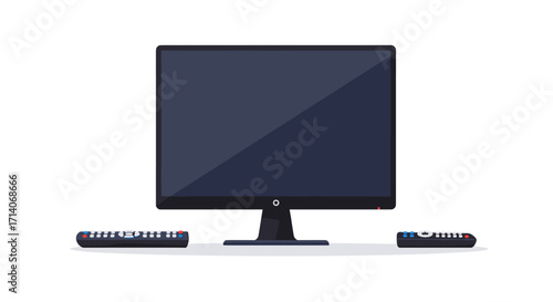 Modern flat screen television with remote controls on white background