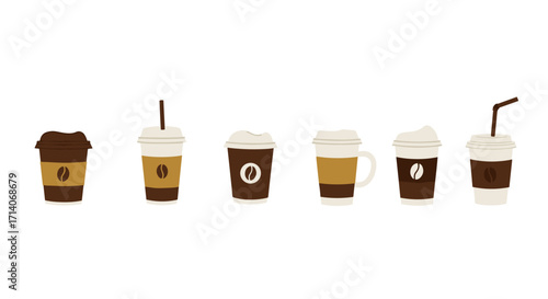 Various takeaway coffee cups in minimalist flat style