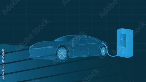 Abstract background of a futuristic electric car connected to a charging station, symbolizing clean energy, modern technology, and sustainable transportation design