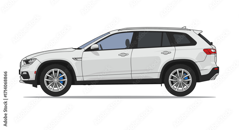 Naklejka premium Modern flat car design featuring side view of white suv with blue accents