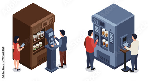 Isometric coffee vending machines with customers in modern setting