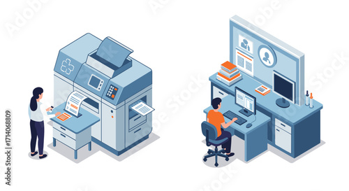 Isometric office scenes with printer and desk setup in modern workspace