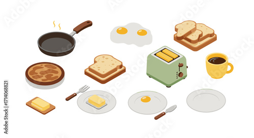 Isometric breakfast set with toaster, eggs, and toast