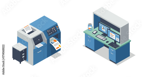 Modern office technology with isometric printer and computer workstation