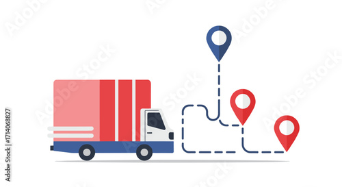 Flat design delivery truck with location pins and route path for efficient logistics