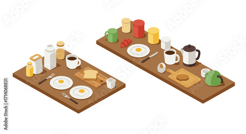 Isometric breakfast setup with eggs, toast, and coffee on wooden boards
