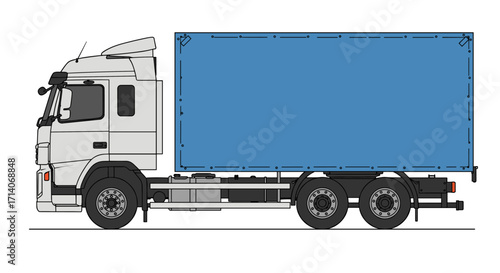 Detailed side view of modern flat style delivery truck with blue cargo