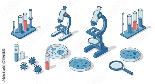 Isometric laboratory equipment set with microscope, petri dishes, and test tubes