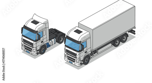 Isometric truck design: modern semi truck and trailer in minimalist style