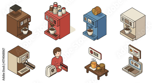 Isometric coffee machine and payment icons with modern design elements