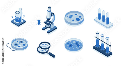 Laboratory equipment icons: isometric microscopes, test tubes, and petri dishes