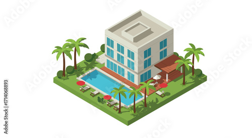 Modern tropical villa with pool and palm trees in isometric design