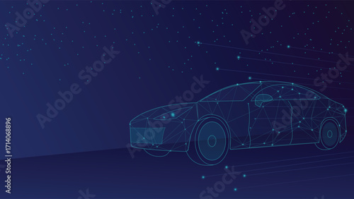 Modern abstract background showing a futuristic electric car made of glowing polygon lines and dots, symbolizing innovation, clean energy, and advanced smart technology design