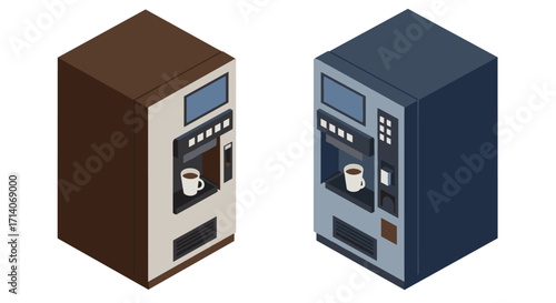Isometric coffee machines in blue and brown with cups displayed