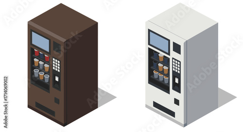 Isometric vending machines with coffee cups in modern design