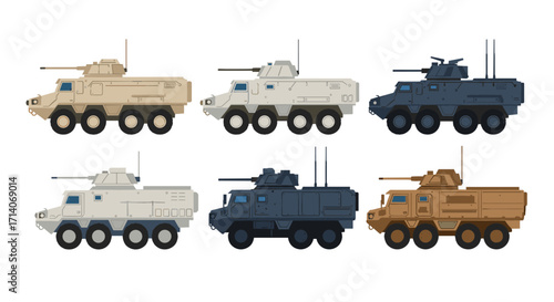 Set of armored military vehicles in flat style with diverse color variations for strategic defense concepts