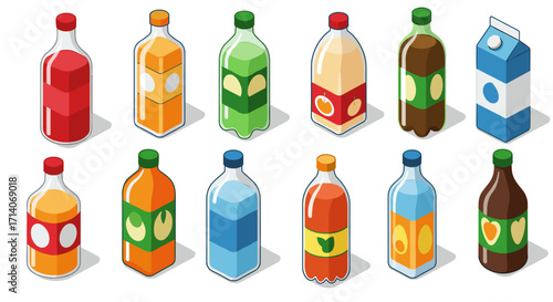 Assorted isometric beverage containers with colorful labels on white background